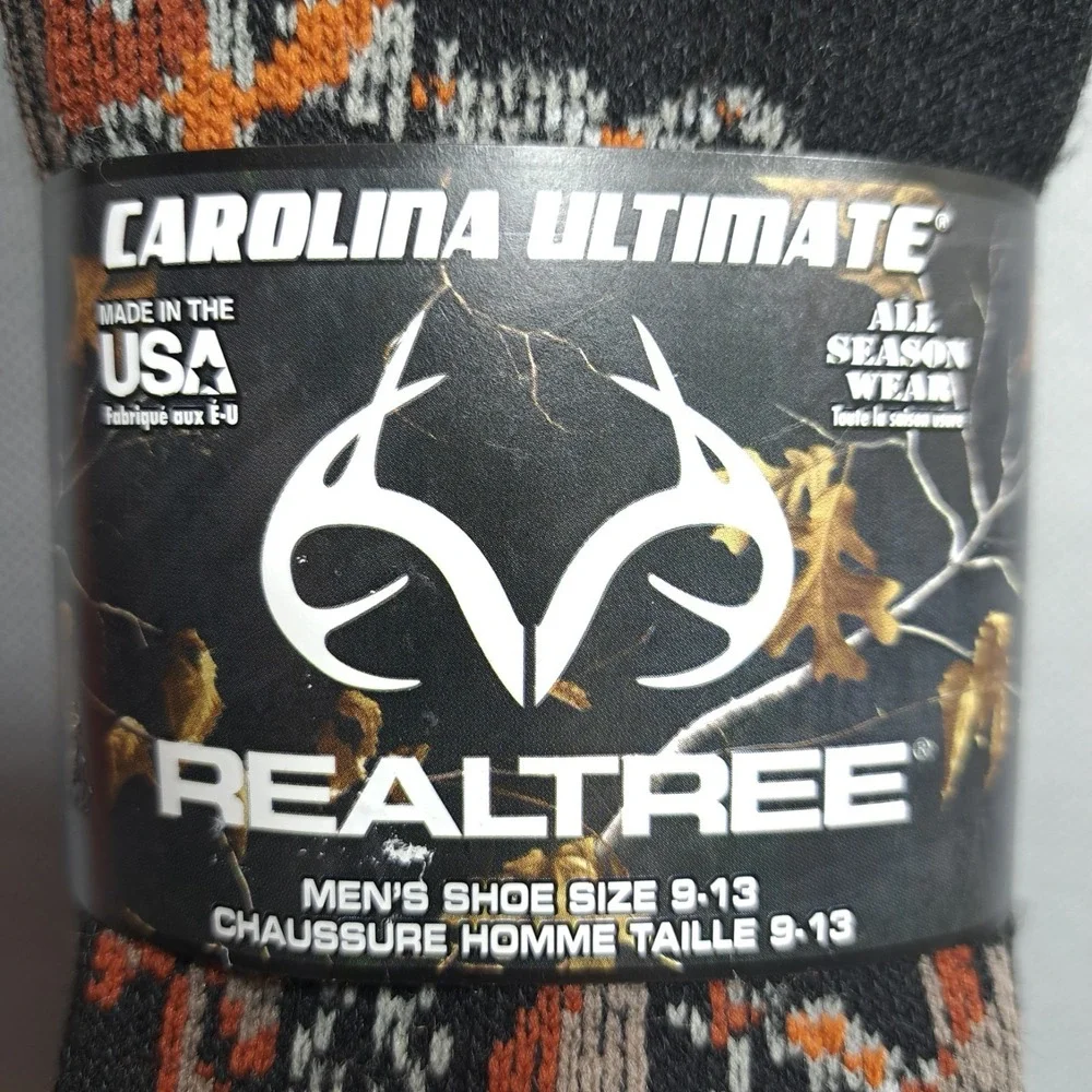 Carolina Ultimate RealTree 2 Pairs Black Camo Socks Men's Shoe 9-13 Made In‎ USA